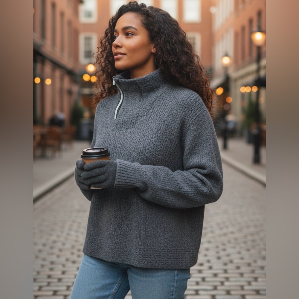 AMS Pure Zippered High Neck Wool Knit Sweater